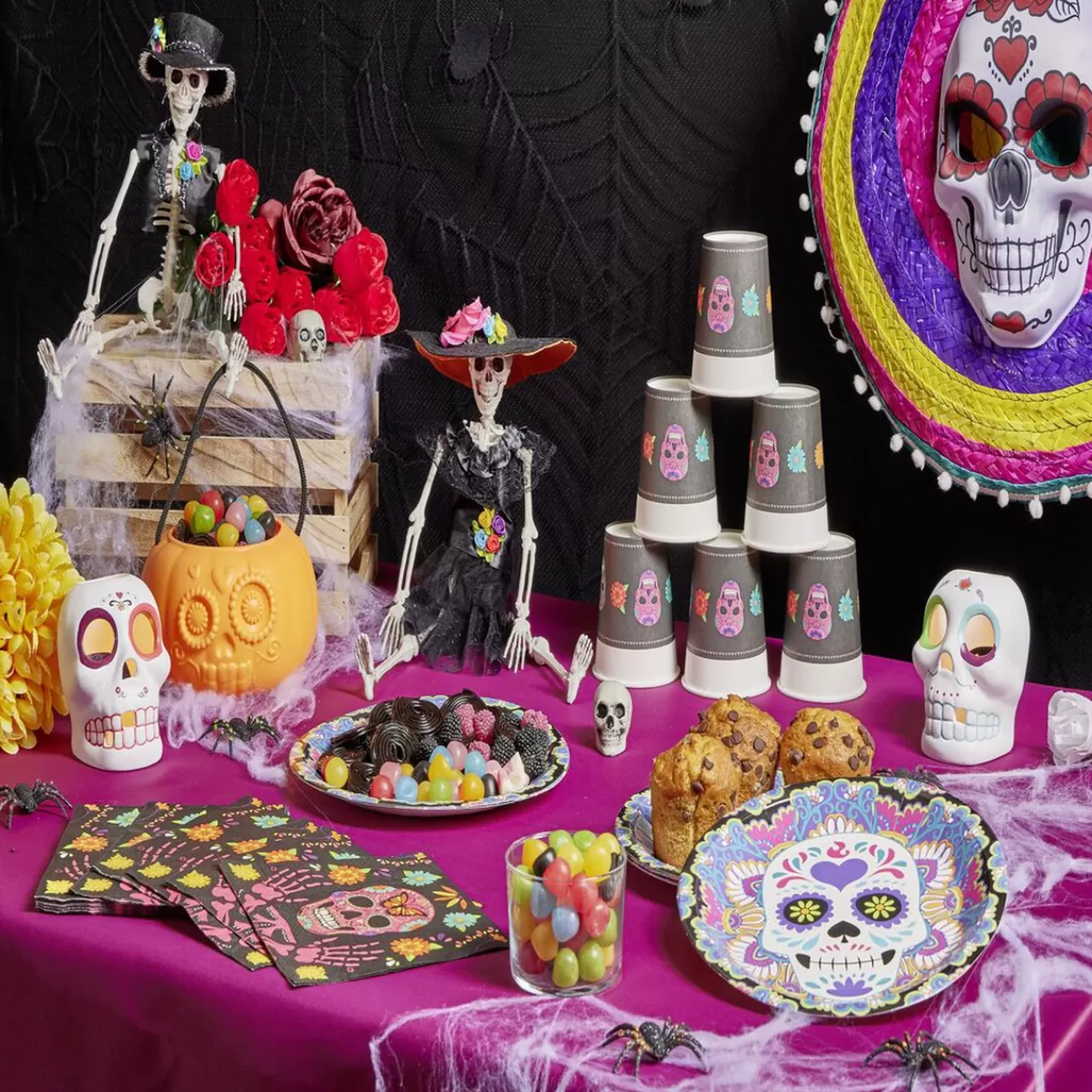 Gifi Serviette de table Halloween tête de mort mexicaine noir et multicolore x16 Store