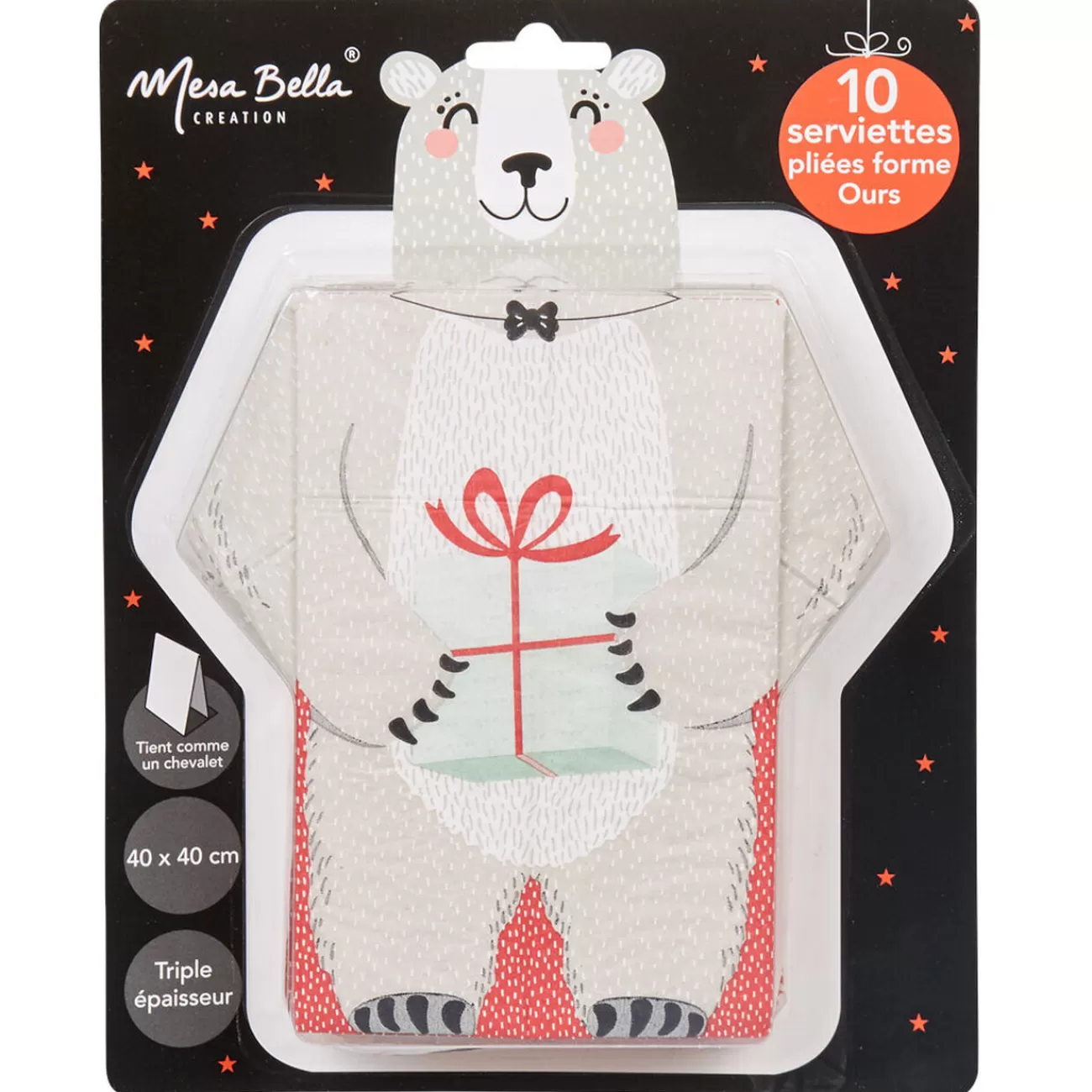 Gifi Serviette pré pliée ourson avec cadeau de Noël x10 Shop